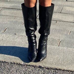 black faux croc knee high boots
